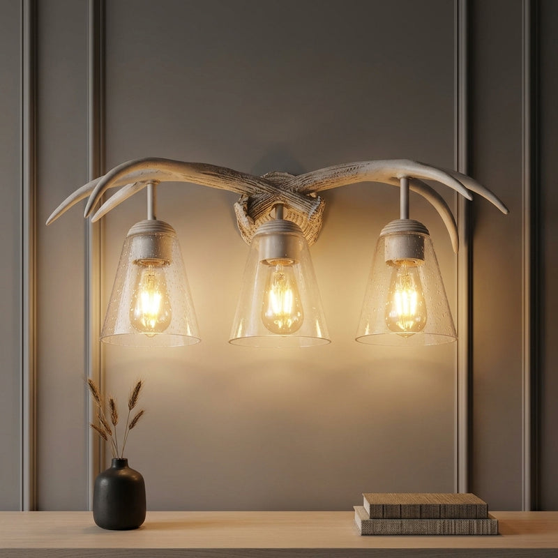 Wyatt Southwestern Bohemian Resin/Seeded Glass Faux Antler LED Vanity Light Antique White Wood Finish / 3 Sockets – AI-ON