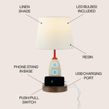 Houston 17.5" Coastal Style Iron/Resin Rocket LED Kids' Table Lamp with Phone Stand and USB Charging Port