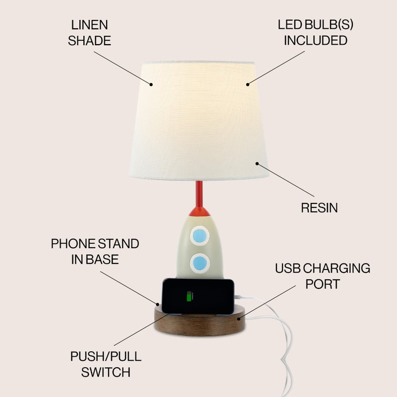 Houston 17.5" Coastal Style Iron/Resin Rocket LED Kids' Table Lamp with Phone Stand and USB Charging Port