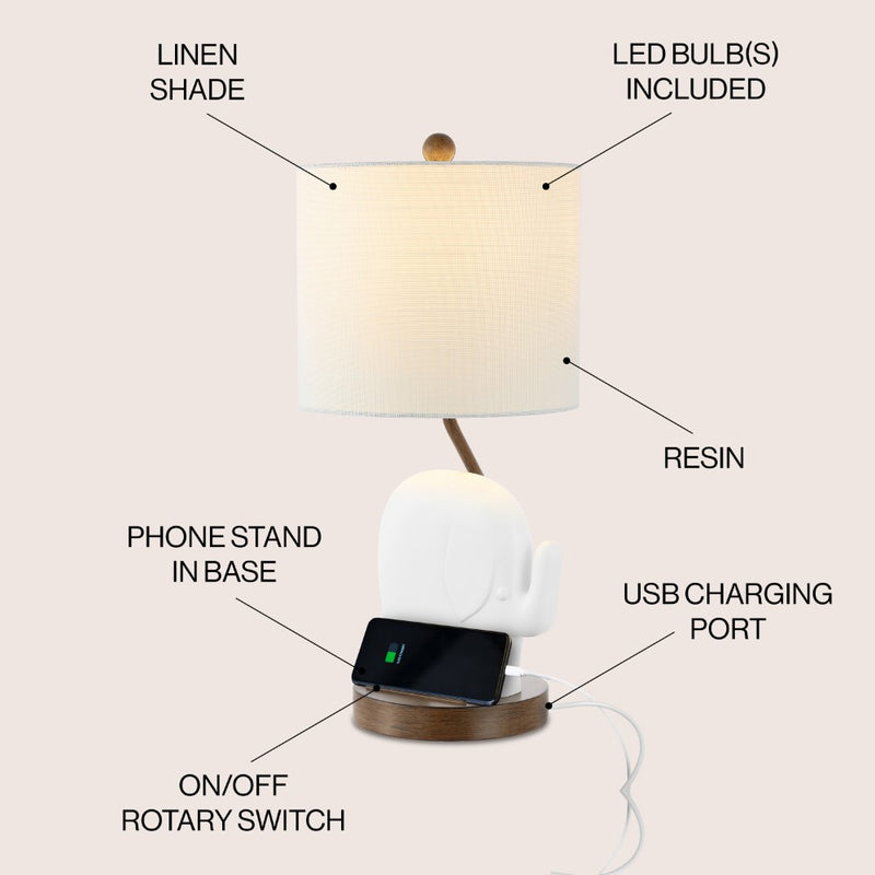 Ellie Bohemian Designer Iron/Resin Elephant LED Kids Table Lamp with Phone Stand and USB Charging Port