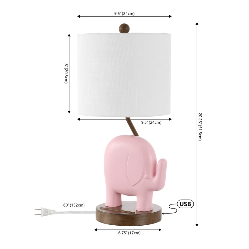 Ellie Bohemian Designer Iron/Resin Elephant LED Kids Table Lamp with Phone Stand and USB Charging Port