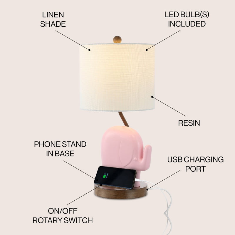 Ellie Bohemian Designer Iron/Resin Elephant LED Kids Table Lamp with Phone Stand and USB Charging Port