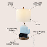 Ellie Bohemian Designer Iron/Resin Elephant LED Kids Table Lamp with Phone Stand and USB Charging Port