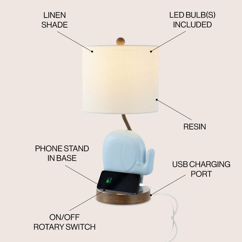 Ellie Bohemian Designer Iron/Resin Elephant LED Kids Table Lamp with Phone Stand and USB Charging Port