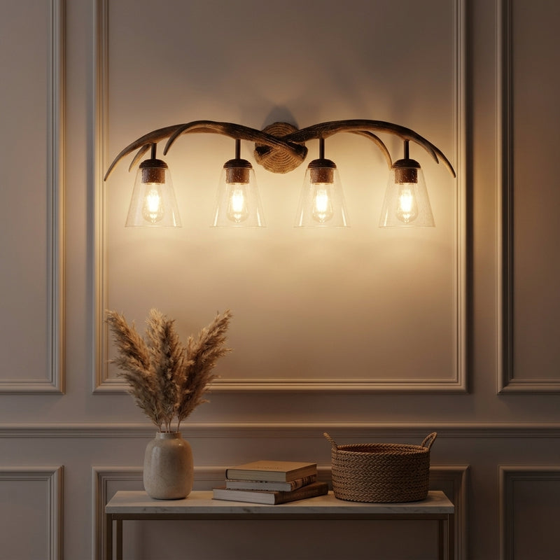 Wyatt Southwestern Bohemian Resin/Seeded Glass Faux Antler LED Vanity Light Brown Wood Finish / 4 Sockets – AI-ON