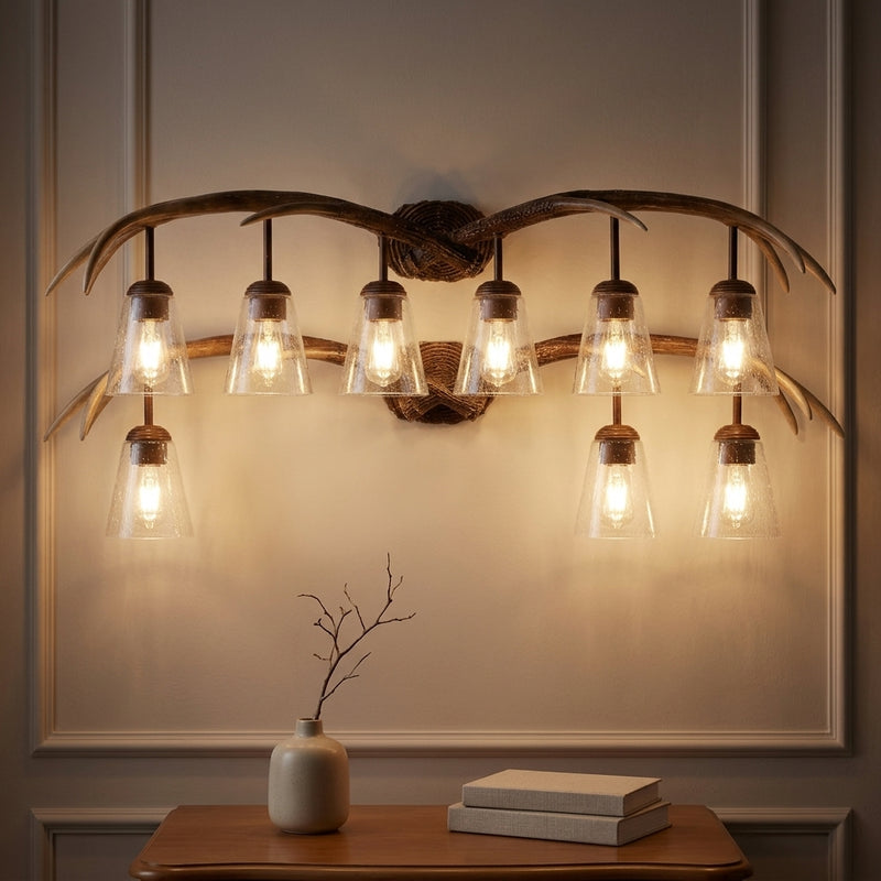 Wyatt Southwestern Bohemian Resin/Seeded Glass Faux Antler LED Vanity Light Brown Wood Finish / 6 Sockets – AI-ON