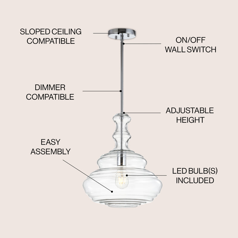 Bettina 13.37" Glass/Metal LED Pendant - JONATHAN Y