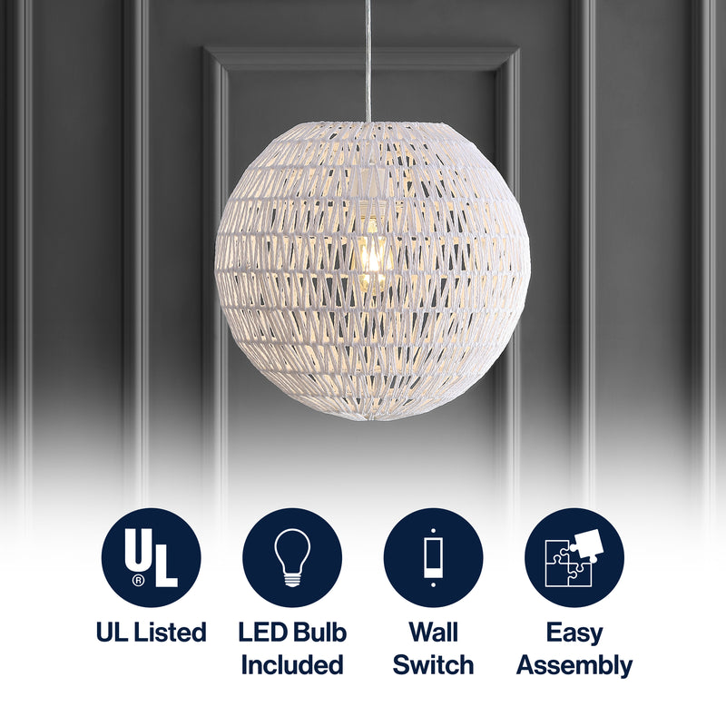 Luna 15.75" Bohemian Modern Woven Rattan/Iron LED Pendant