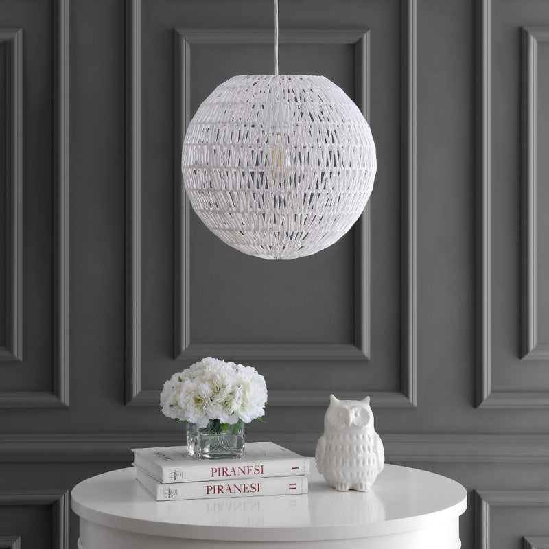 Luna 15.75" Bohemian Modern Woven Rattan/Iron LED Pendant - JONATHAN Y