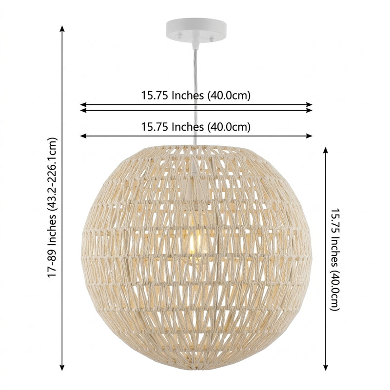 Luna 15.75" Bohemian Modern Woven Rattan/Iron LED Pendant Cream/White / 1 Socket – DIM