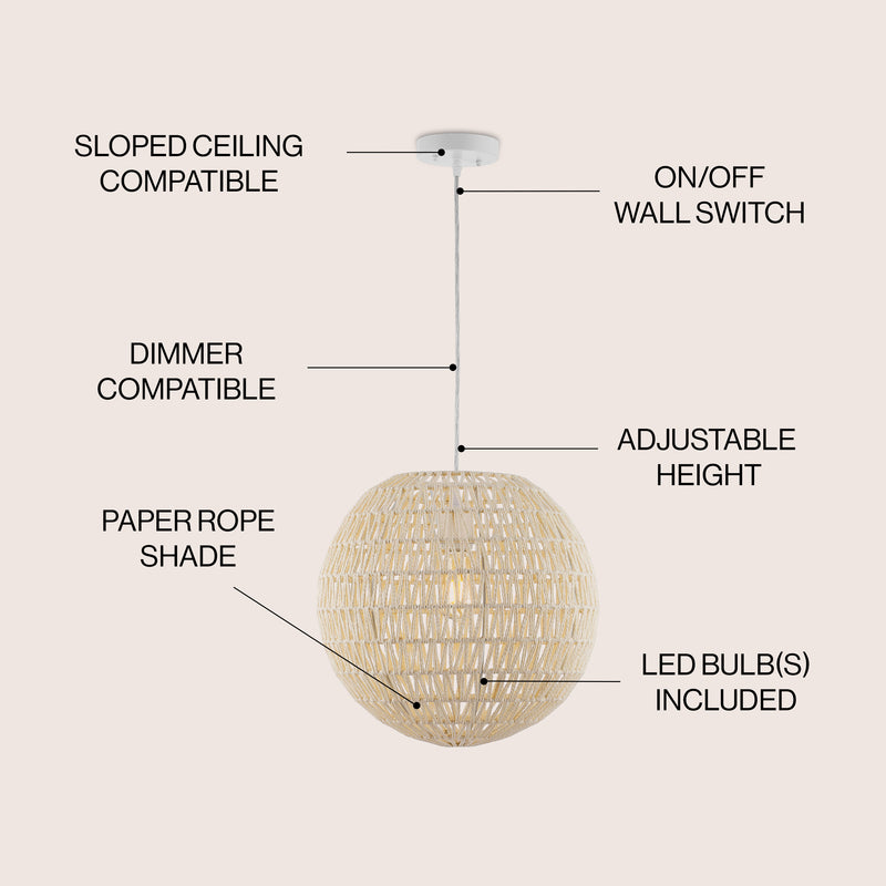 Luna 15.75" Bohemian Modern Woven Rattan/Iron LED Pendant
