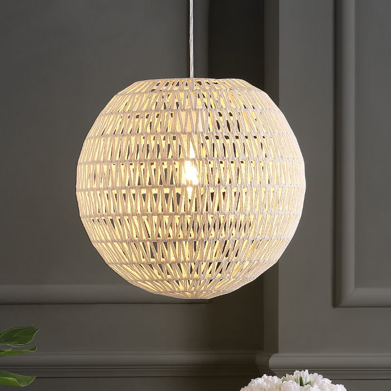 Luna 15.75" Bohemian Modern Woven Rattan/Iron LED Pendant - JONATHAN Y