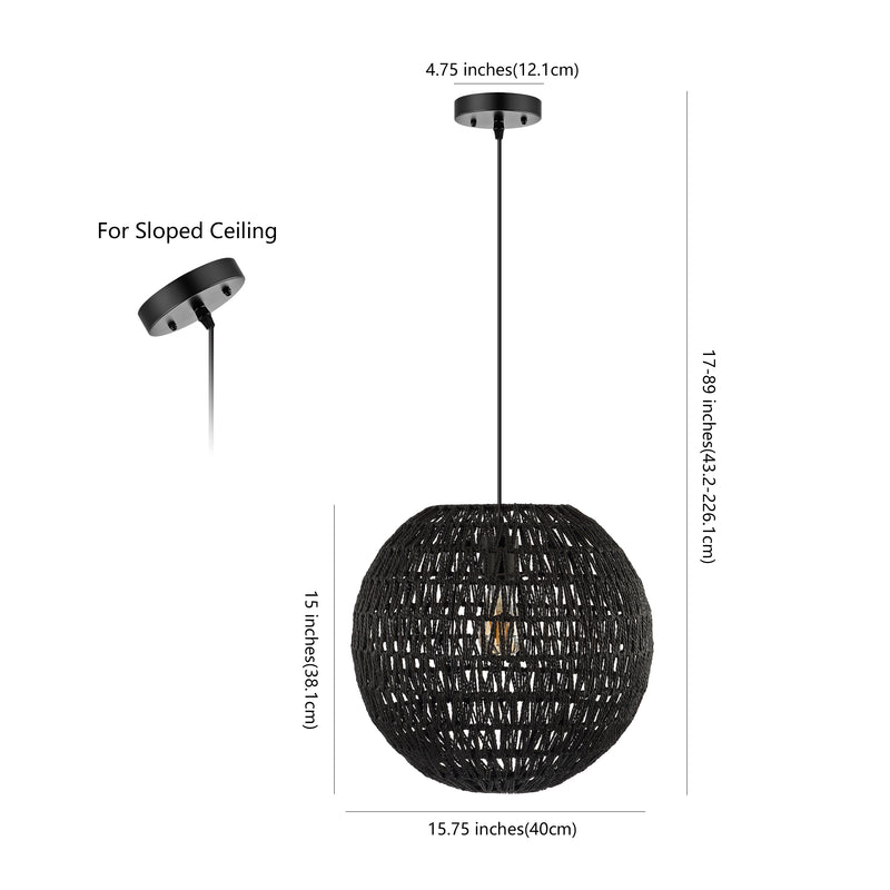 Luna 15.75" Bohemian Modern Woven Rattan/Iron LED Pendant - JONATHAN Y