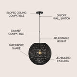 Luna 15.75" Bohemian Modern Woven Rattan/Iron LED Pendant