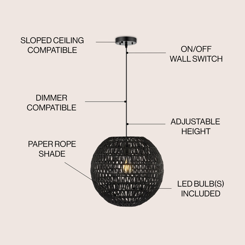 Luna 15.75" Bohemian Modern Woven Rattan/Iron LED Pendant