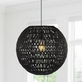 Luna 15.75" Bohemian Modern Woven Rattan/Iron LED Pendant - JONATHAN Y