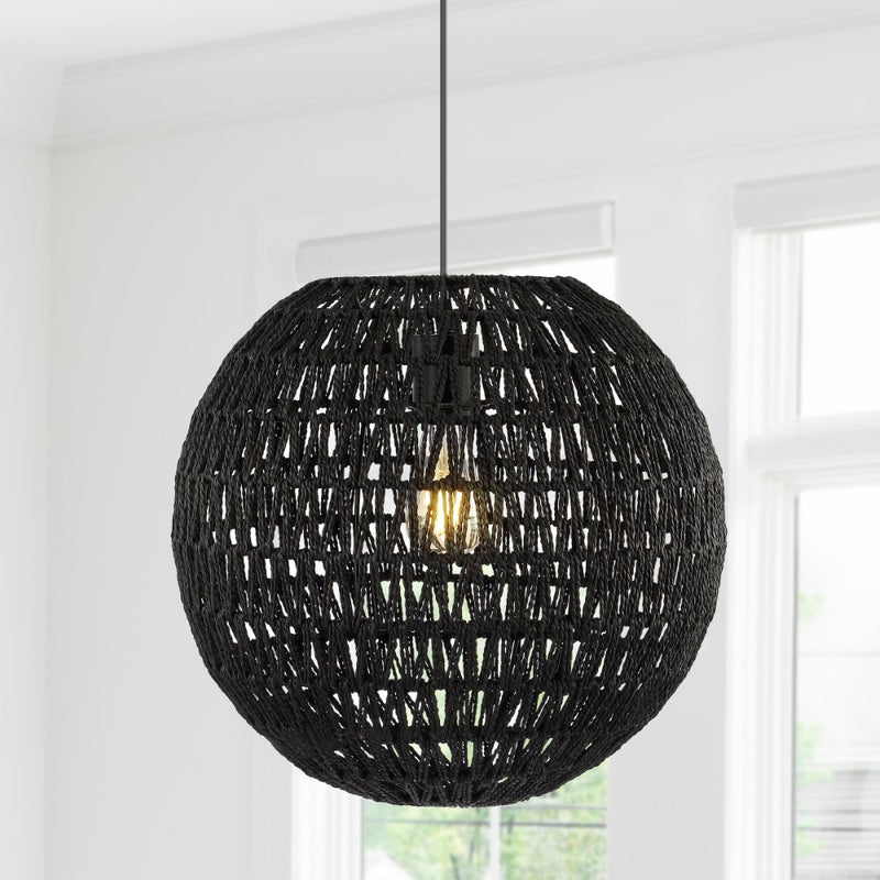 Luna 15.75" Bohemian Modern Woven Rattan/Iron LED Pendant - JONATHAN Y