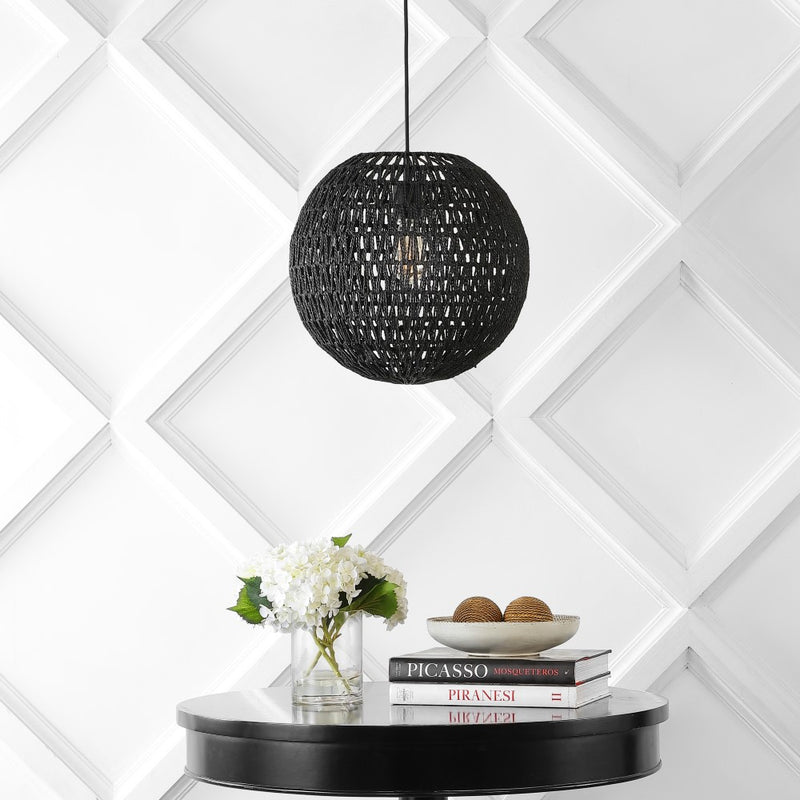 Luna 15.75" Bohemian Modern Woven Rattan/Iron LED Pendant - JONATHAN Y