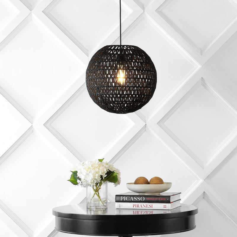 Luna 15.75" Bohemian Modern Woven Rattan/Iron LED Pendant - JONATHAN Y