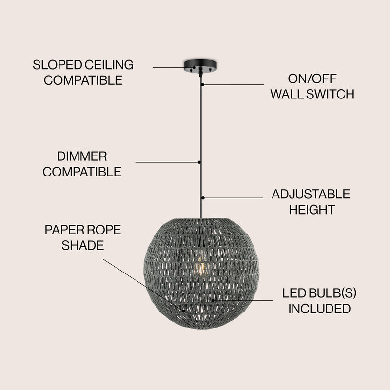 Luna 15.75" Bohemian Modern Woven Rattan/Iron LED Pendant