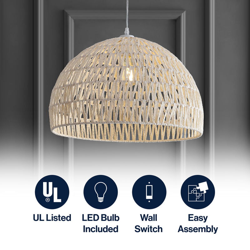 Campana 20" Bohemian Modern Woven Rattan/Iron LED Pendant