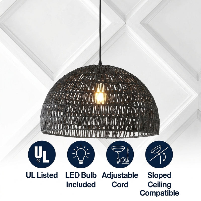 Campana 20" Bohemian Modern Woven Rattan/Iron LED Pendant Black / 20'' – ICONS