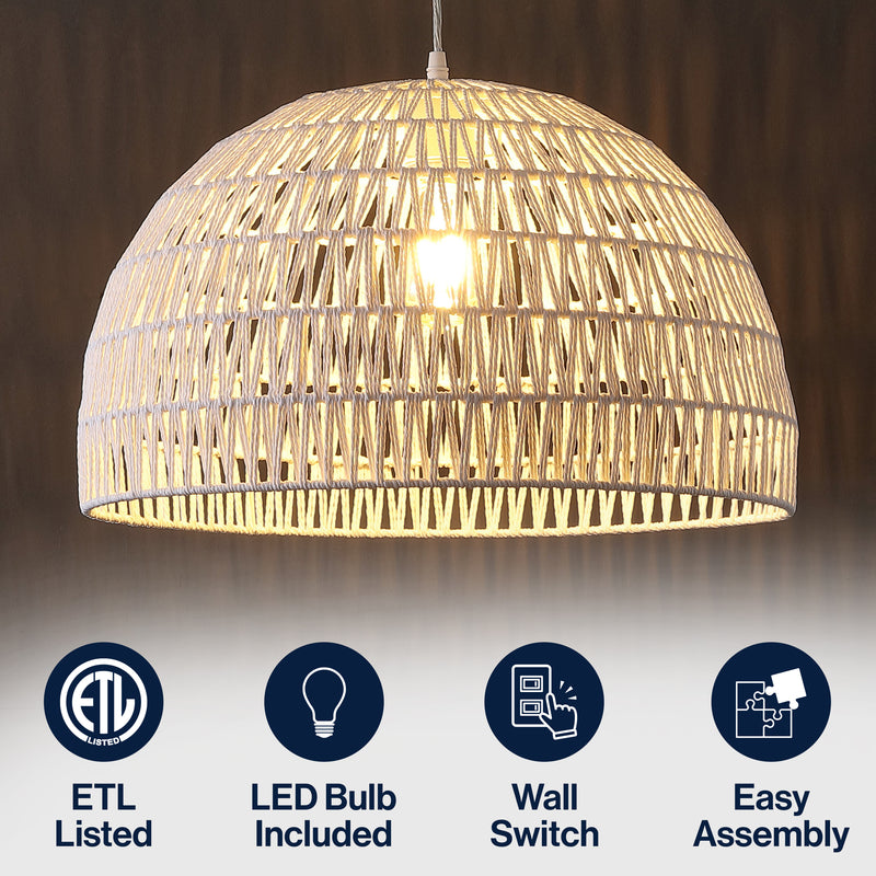 Campana 20" Bohemian Modern Woven Rattan/Iron LED Pendant