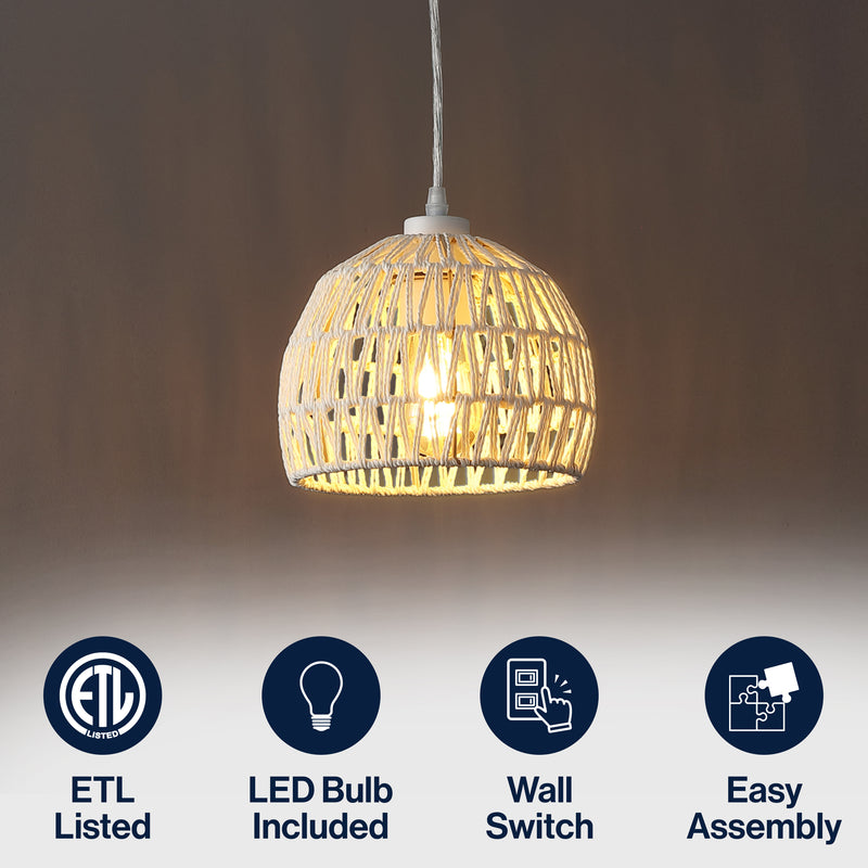 Campana 20" Bohemian Modern Woven Rattan/Iron LED Pendant