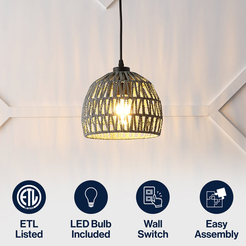 Campana 20" Bohemian Modern Woven Rattan/Iron LED Pendant