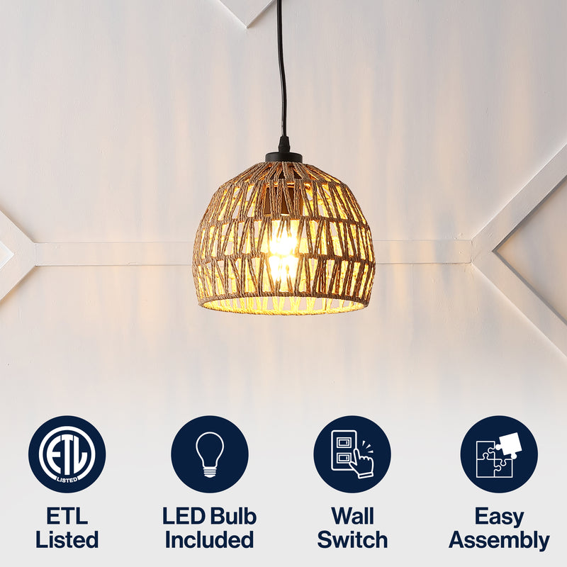 Campana 20" Bohemian Modern Woven Rattan/Iron LED Pendant
