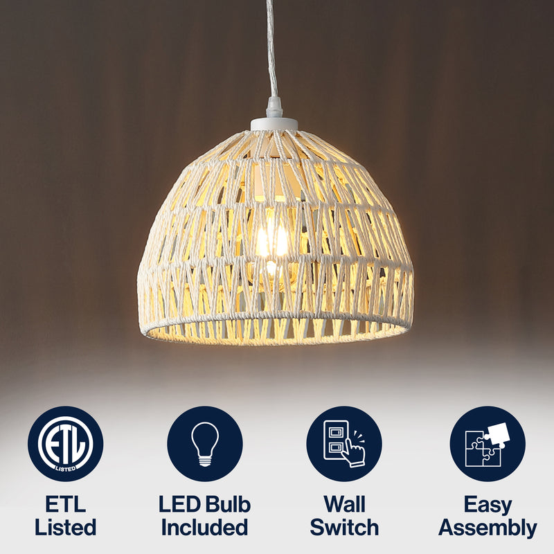Campana 20" Bohemian Modern Woven Rattan/Iron LED Pendant