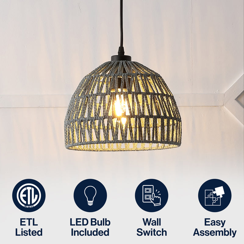 Campana 20" Bohemian Modern Woven Rattan/Iron LED Pendant