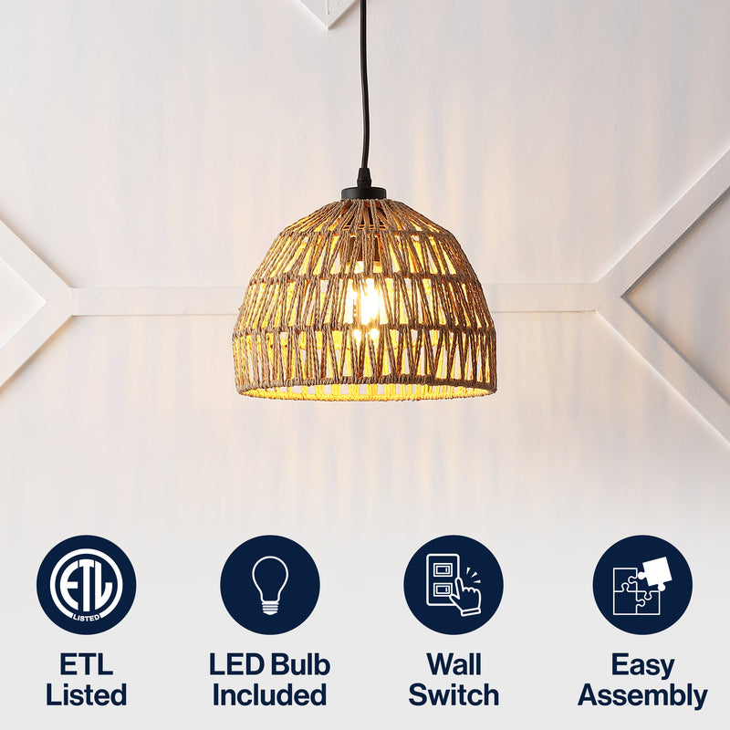 Campana 20" Bohemian Modern Woven Rattan/Iron LED Pendant