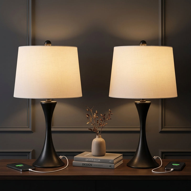 Bennett 22.75" Modern Glam Iron Hourglass LED Table Lamp with USB Charging Port Set 2 Black (Set of 2) – AI-ON