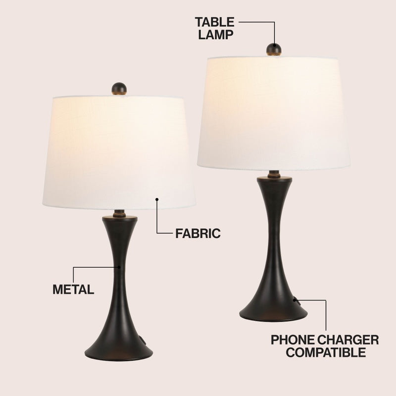 Bennett 22.75" Modern Glam Iron Hourglass LED Table Lamp with USB Charging Port Set 2