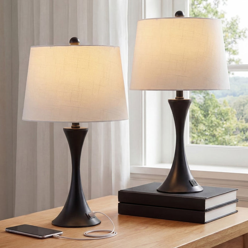 Bennett 22.75" Modern Glam Iron Hourglass LED Table Lamp with USB Charging Port Set 2