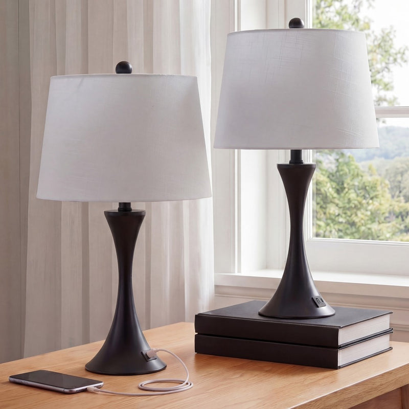 Bennett 22.75" Modern Glam Iron Hourglass LED Table Lamp with USB Charging Port Set 2