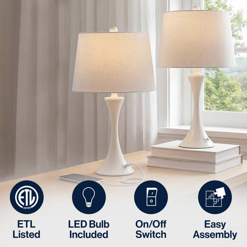 Bennett 22.75" Modern Glam Iron Hourglass LED Table Lamp with USB Charging Port Set 2
