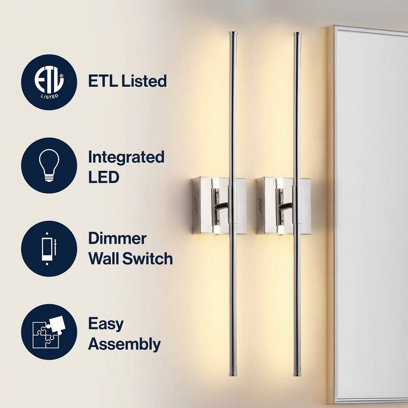 Makena Dimmable Integrated LED Metal Wall Sconce Chrome (Set of 2) / 28" – ICONS