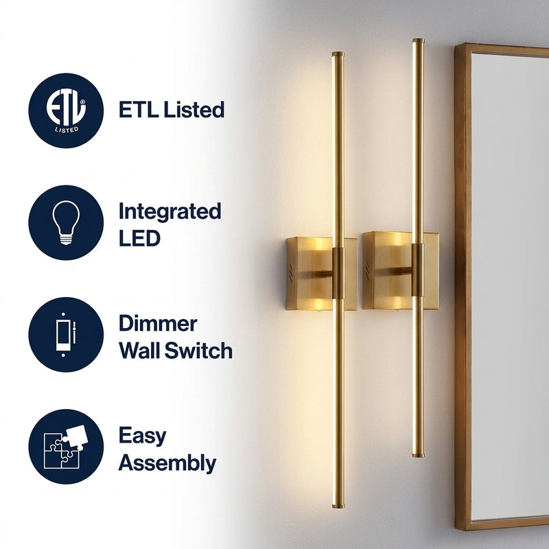 Makena Dimmable Integrated LED Metal Wall Sconce Brass Gold (Set of 2) / 28" – ICONS