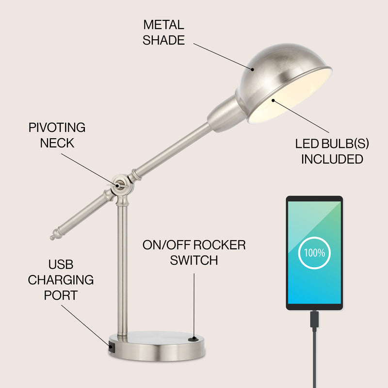 Curtis 20.25" Vintage Industrial Iron Adjustable Dome Shade LED Task Lamp with USB Charging Port - JONATHAN Y