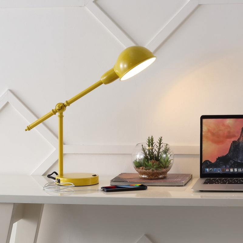 Curtis 20.25" Vintage Industrial Iron Adjustable Dome Shade LED Task Lamp with USB Charging Port - JONATHAN Y