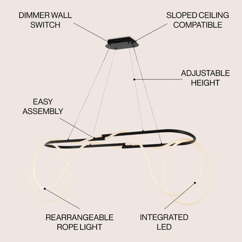 Lisette 59" Contemporary Minimalist 360 Adjustable Silicone Rope/Metal Dimmable Integrated LED Chandelier - JONATHAN Y