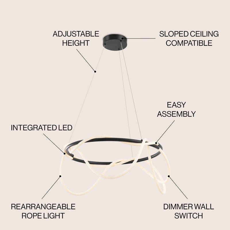 Lisette 25" Contemporary Minimalist 360 Adjustable Silicone Neon Rope Dimmable Integrated LED Chandelier - JONATHAN Y