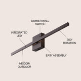 Vara 28" Modern Minimalist Indoor/Outdoor Metal 350-Degree Rotatable Dimmable Integrated LED Wall Sconce