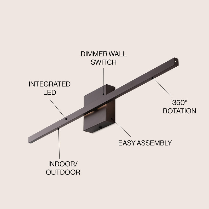 Vara 28" Modern Minimalist Indoor/Outdoor Metal 350-Degree Rotatable Dimmable Integrated LED Wall Sconce