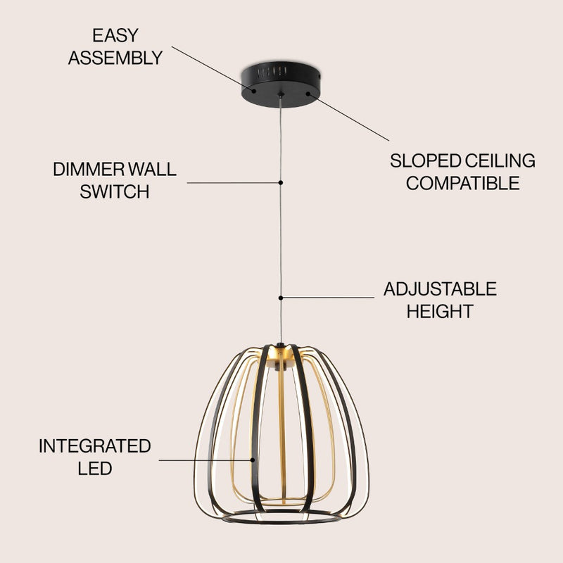 Gigi 11.5" Modern Glam Metal Adjustable Dimmable Stripe Cage Integrated LED Pendant - JONATHAN Y