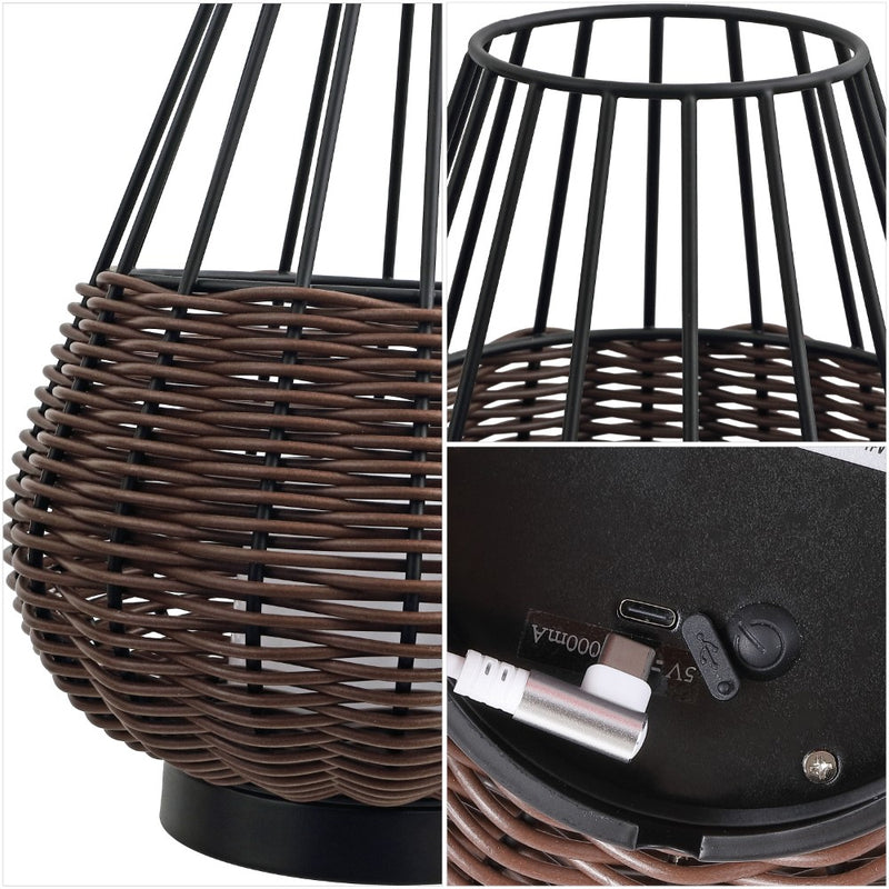 Elian 10" Modern Rustic Decorative Indoor/Outdoor Faux Wicker Rechargeable/Cordless Dimmable Integrated LED Table Lamp, Set of 2