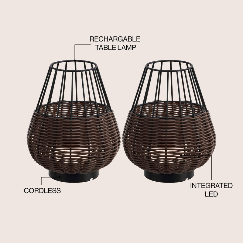 Elian 10" Modern Rustic Decorative Indoor/Outdoor Faux Wicker Rechargeable/Cordless Dimmable Integrated LED Table Lamp, Set of 2