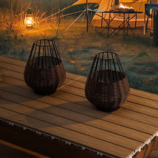 Elian 10" Modern Rustic Decorative Indoor/Outdoor Faux Wicker Rechargeable/Cordless Dimmable Integrated LED Table Lamp, Set of 2